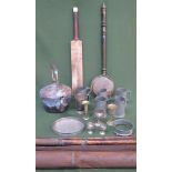 Mixed lot Inc. pewter tankards, fishing rods, cricket bat, copper kettle, etc