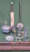 Mixed lot Inc. pewter tankards, fishing rods, cricket bat, copper kettle, etc