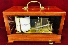 MAHOGANY AND GLASS CASED BAROGRAPH BY CASELLA LONDON CASE WITH HINGED COVER, APPROXIMATELY 30cm LONG