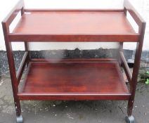 20th century stained wooden two tier tea trolley, stamped Denmark. Approx. 65cms H x 68cms W x 43cms