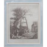 Framed monochrome engraved print depicting three figures beside a building lift. Approx. 24cms x