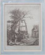 Framed monochrome engraved print depicting three figures beside a building lift. Approx. 24cms x