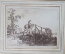 Framed monochrome engraved print, depicting a figure mounted on horseback crossing a bridge,