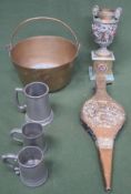 Sundry lot including brass urn on stand, bellows, jam pan, pewter tankard