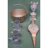 Sundry lot including brass urn on stand, bellows, jam pan, pewter tankard