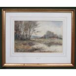 D. Smith - Late Victorian framed watercolour depicting a country lakeside scene with cottage/farm in
