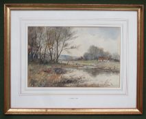 D. Smith - Late Victorian framed watercolour depicting a country lakeside scene with cottage/farm in