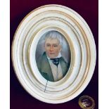 MINIATURE PORTRAIT PAINTED ON CARD WITHIN IVORY FRAME, TOTAL IMAGE SIZE APPROXIMATELY 9cm x 7cm,