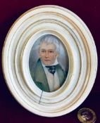 MINIATURE PORTRAIT PAINTED ON CARD WITHIN IVORY FRAME, TOTAL IMAGE SIZE APPROXIMATELY 9cm x 7cm,