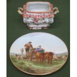 Pretty gilded ceramic cabinet plate depicting a farming scene. signed H. Mitchell. Plus masons