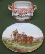 Pretty gilded ceramic cabinet plate depicting a farming scene. signed H. Mitchell. Plus masons