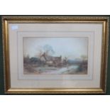 Late 19th century gilt framed watercolour depicting a countryside cottage scene, bearing monogram,