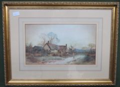 Late 19th century gilt framed watercolour depicting a countryside cottage scene, bearing monogram,