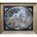 Gilt framed and glazed 19th century embroidered silk oval panel depicting Moses in the bulrushes.