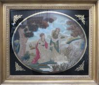 Gilt framed and glazed 19th century embroidered silk oval panel depicting Moses in the bulrushes.