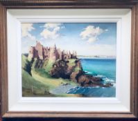 L NESBITT, OIL ON CANVAS- CASTLE RUINS, GLAZED AND FRAMED, APPROXIMATELY 38cm x 48cm