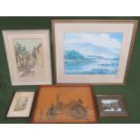 Framed and glazed pin picture, water colour and ink picture of Corfu, plus various pirnts