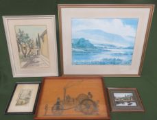 Framed and glazed pin picture, water colour and ink picture of Corfu, plus various pirnts