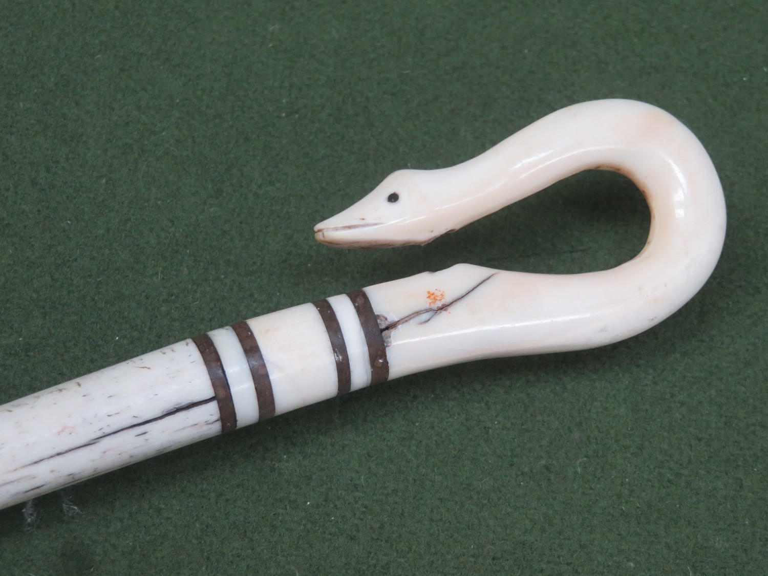 18th century speckled whale bone turned walking stick, with hand carved ivory serpent form handle. - Image 2 of 3