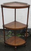 20th century mahogany three tier corner stand, with brass galleried top. Approx. 104cms H x 53cms