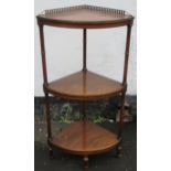 20th century mahogany three tier corner stand, with brass galleried top. Approx. 104cms H x 53cms