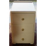 Small painted three drawer bedroom chest. App. 60cm H x 36.5cm W x 46cm D