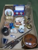 Mixed lot including stress balls, old milk bottle, silver banded carving item, ceramics, clock etc