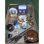 Mixed lot including stress balls, old milk bottle, silver banded carving item, ceramics, clock etc