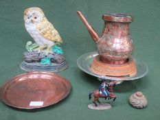 Sundry lot Inc. Middle Eastern style copper teapot with stand, painted owl form cast metal door