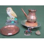Sundry lot Inc. Middle Eastern style copper teapot with stand, painted owl form cast metal door