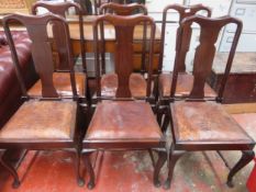 Set of six early 20th century mahogany dining chairs on stretchered supports