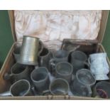 Case containing pewter tankards and other sundries