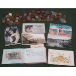 Sundry lot including various coinage, scrap book, plus vintage postcards