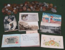 Sundry lot including various coinage, scrap book, plus vintage postcards