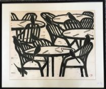 LIO HAINING- 'EATING GUESTS', LINO PRINT CUT, 3/50, APPROXIMATELY 40 x 51cm