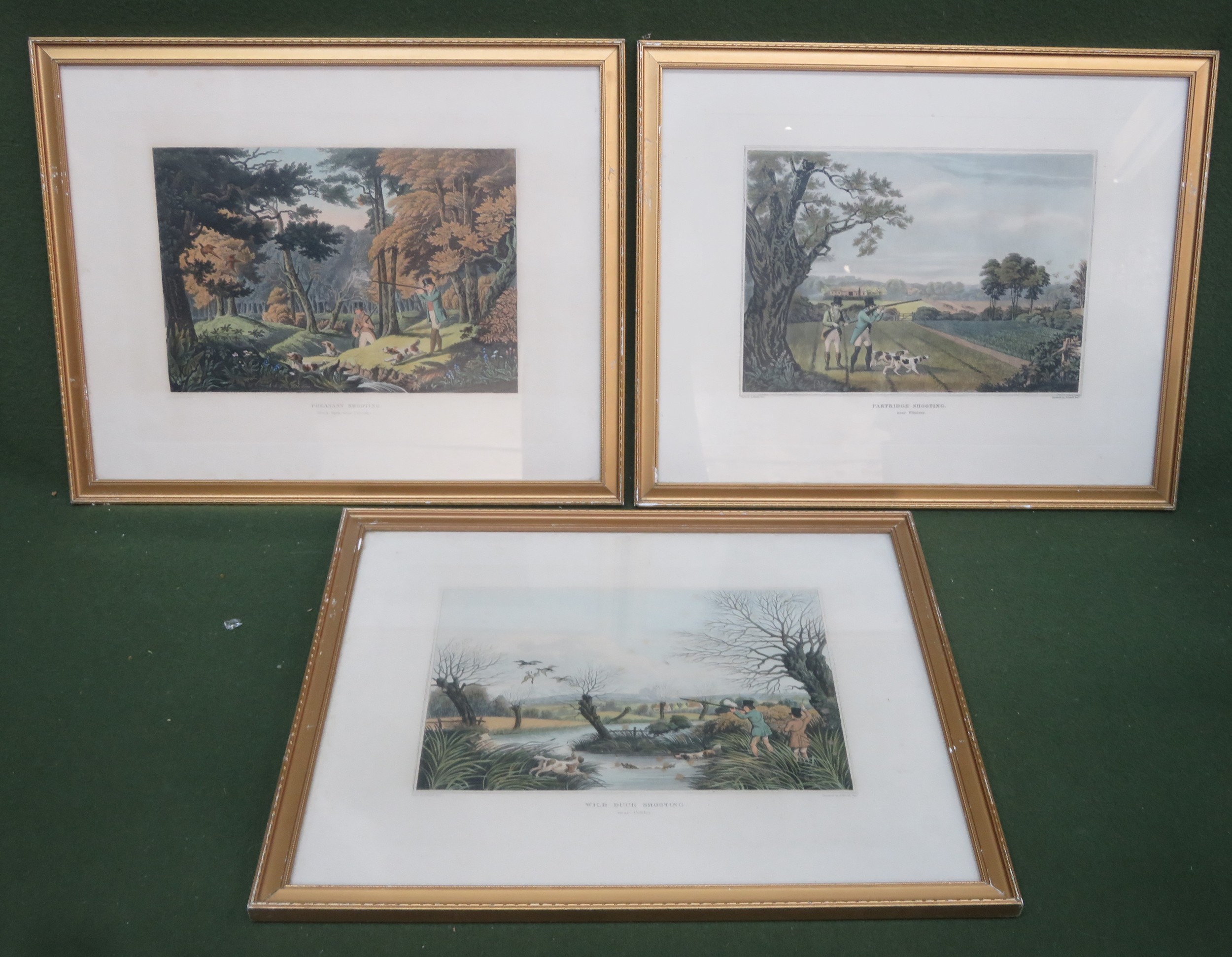 Set of Three R. Havell framed polychrome engravings depicting shooting scenes. Approx. 36 x 45