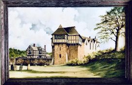 R B PRICE, OIL ON BOARD- STOKESEY CASTLE SHROPSHIRE, LABEL TO REVERSE, APPROXIMATELY 44cm x 72cm