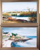 MARGARET HALL, OIL ON BOARDS DEPICITNG TWO VIEWS OF ANGLESEY NORTH WALES, BOTH APPROXIMATELY 46cm X