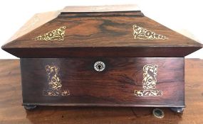 GOOD ROSEWOOD SARCOPHAGUS FORM TEA CHEST INLAID WITH BRASS AND CONTAINING TWO CADDIES AND GLASS