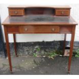 Late 19th / early 20th century mahogany inlaid three drawer writing desk with leather insert.