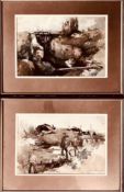 E BLACK, PAIR OF FIRST WORLD WAR SCENES, ONE DATED 1916, WATERCOLOURS, SIGNED LOWER RIGHT, FRAMED