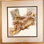KEN MARTIN- 'THE RAPE OF EUROPA' AFTER JULIO ROLAND, 2000, MIXED MEDIA PEN AND INK OVER MAPS, SIGNED
