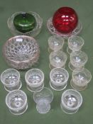 Mixed lot of various coloured and other glassware Inc. bowl with plated rim, sundae dishes,