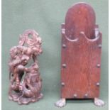 Vintage oak stand on rasised brass feet, plus heavily carved oriental figure group
