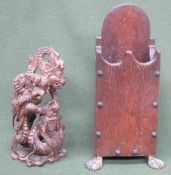 Vintage oak stand on rasised brass feet, plus heavily carved oriental figure group