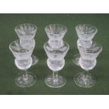 Set of six Edinburgh crystal etched thistle pattern stemmed Liquor glasses. Approx. 8.5cm High
