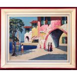 CHANDOS, OIL ON PANEL OF RIVIERA SCENE, LABEL ON REVERSE, ORIGINAL FRAME, APPROXIMATELY 30cm x 40cm