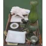 Sundry lot including ceramics, bust of a Lion, slate clock, oil lamp etc