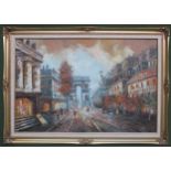 Framed 20th century palette knife oil on canvas depicting a busy Parisian street scene. App. 60 x