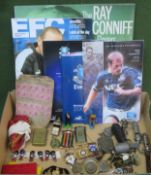 Mixed lot including stamps, Everton FC memorabilia, character badges, lighters, whistles,